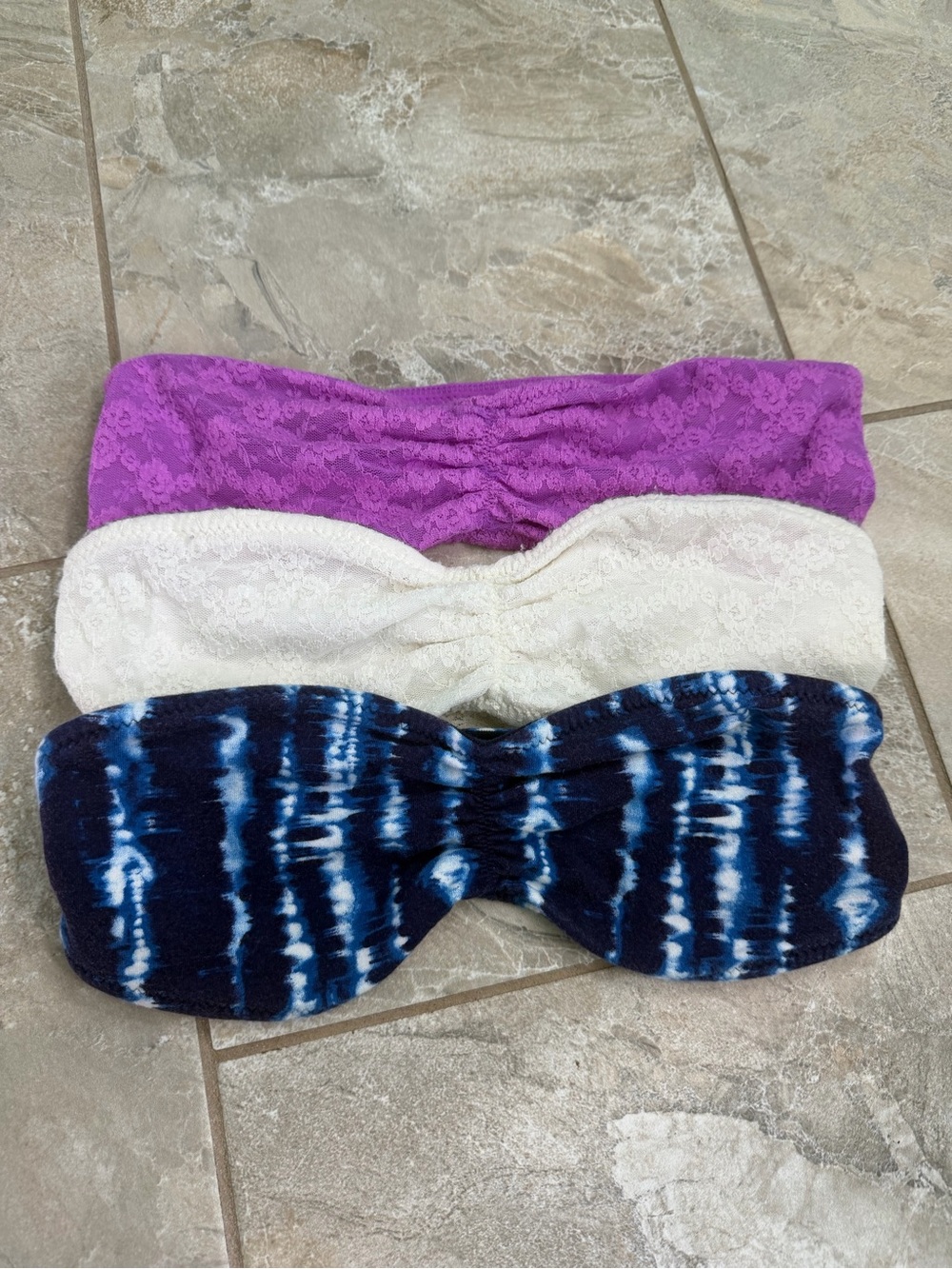 Mudd Lace & Tie Dye Bandeau Trio - Purple, White, Navy